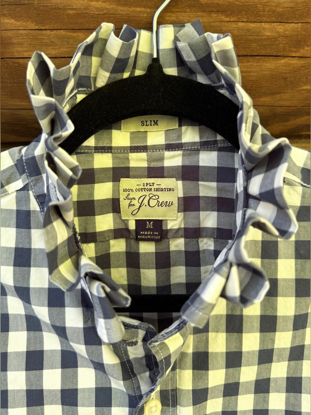 Upcycled J. Crew Navy and White Gingham Button-Down Shirt with Ruffle Neck - Picture 3 of 14